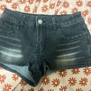 SHEIN Washed Black Denim Shorts with Studded Pocket Trim
